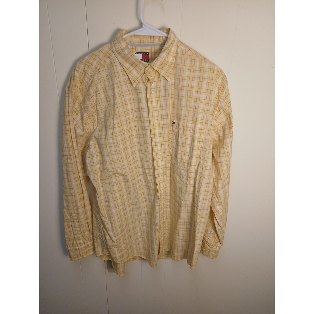 Vtg Tommy Hilfiger Yellow Plaid Checks Mens Medium Long Sleeve Button Down Shirt